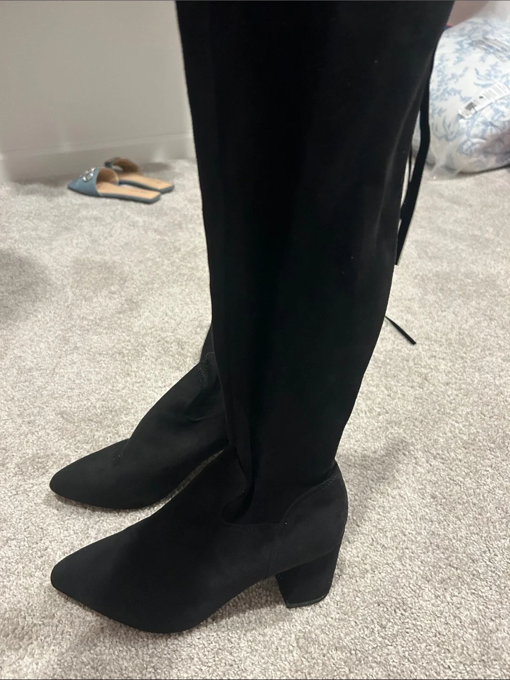 Black Suede Knee-High Block Heel Boots - Women